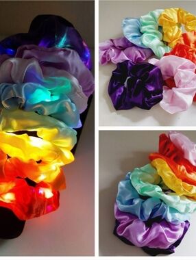 8 Pc Colorful Satin LED Light Up Hair Scrunchies Pony Tail Holders Mixed Lot Set